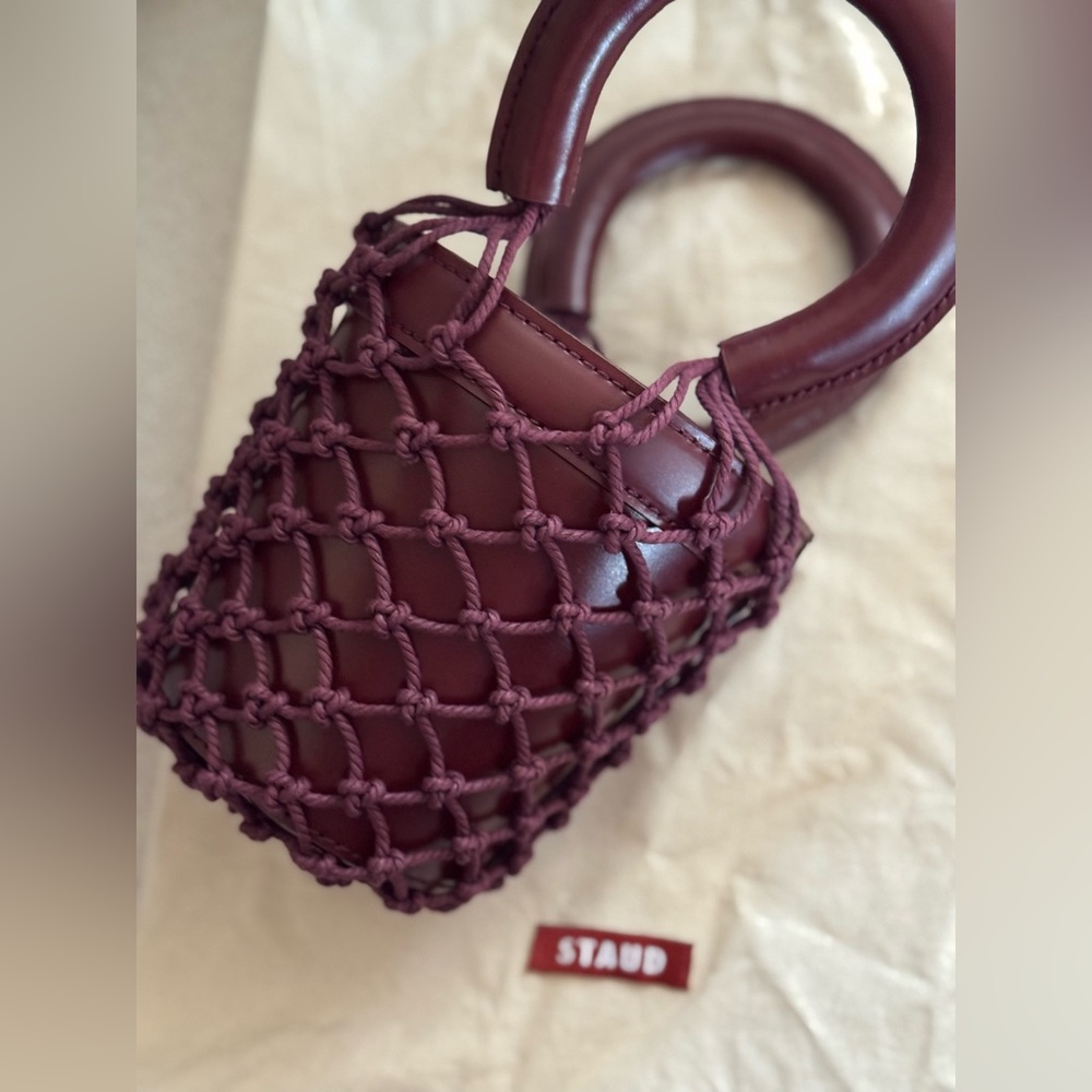 STAUD Moreau Macrame Mini Bucket Bag in Burgundy
